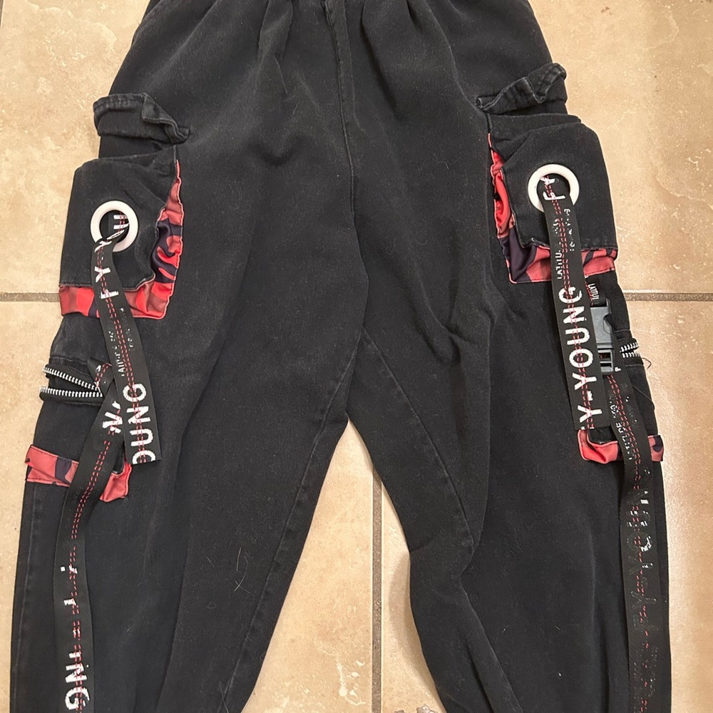Black Cargo Pants with Red Accents